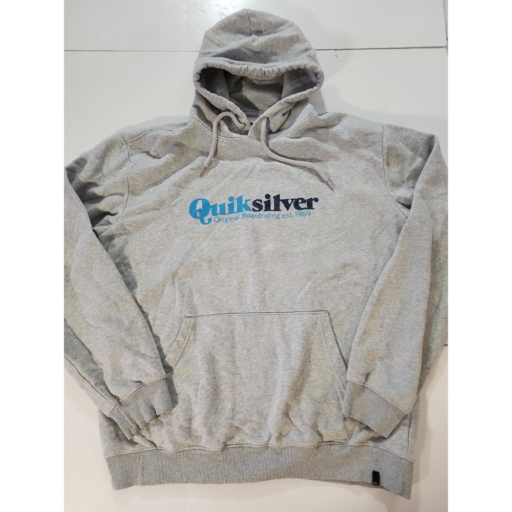 QUIKSILVER Mens XXL Gray Pullover Hoodie‎ Sweatshirt Fleece Spell Out Est 1969